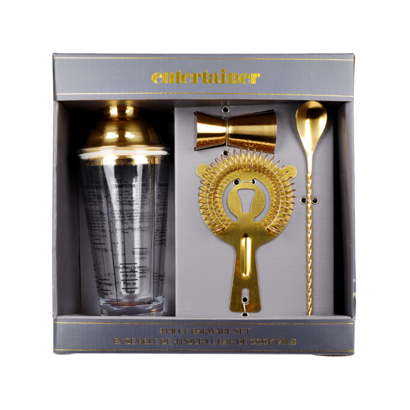 4-Piece Glass Gold Cocktail Shaker Bar Set
