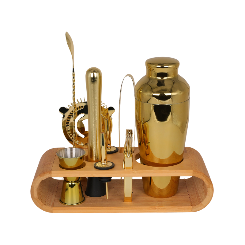 10-Piece Gold Bartender Kit with Bamboo Stand