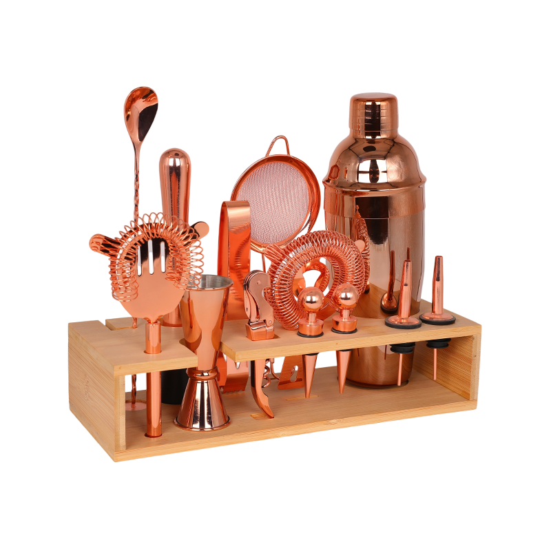14-Piece Rose Gold Cocktail Shaker Set with Stand