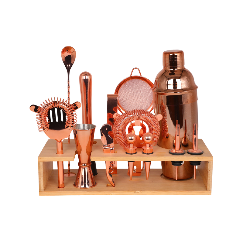 14-Piece Rose Gold Cocktail Shaker Set with Stand